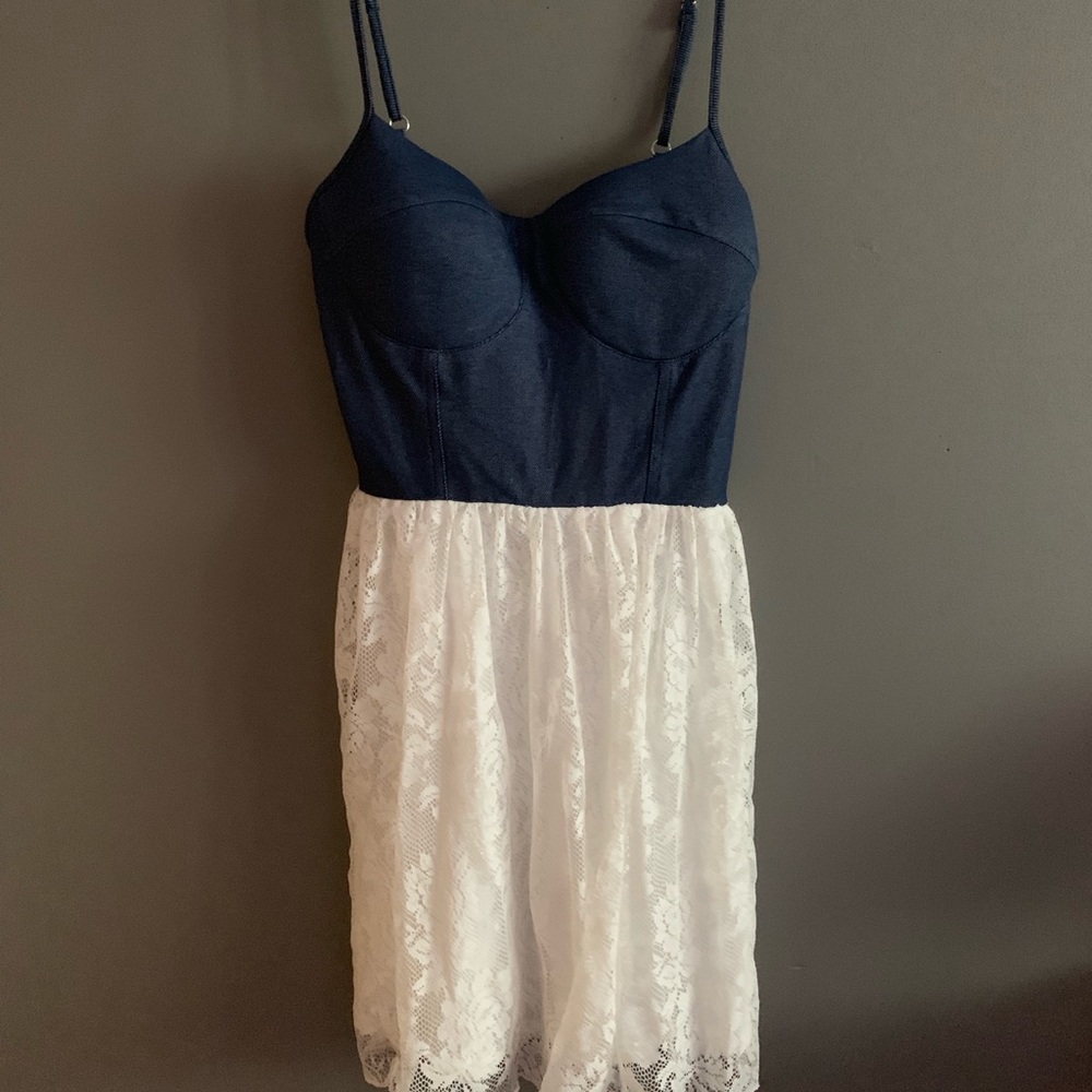 Wet seal Medium dress lacy bottom, faux denim top - Picture 1 of 3